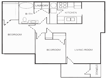 Floor plan for 2 beds, 1 bath, 928 sqft